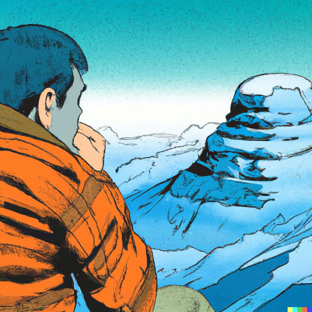 someone gazing at Mount Everest, comic book drawing